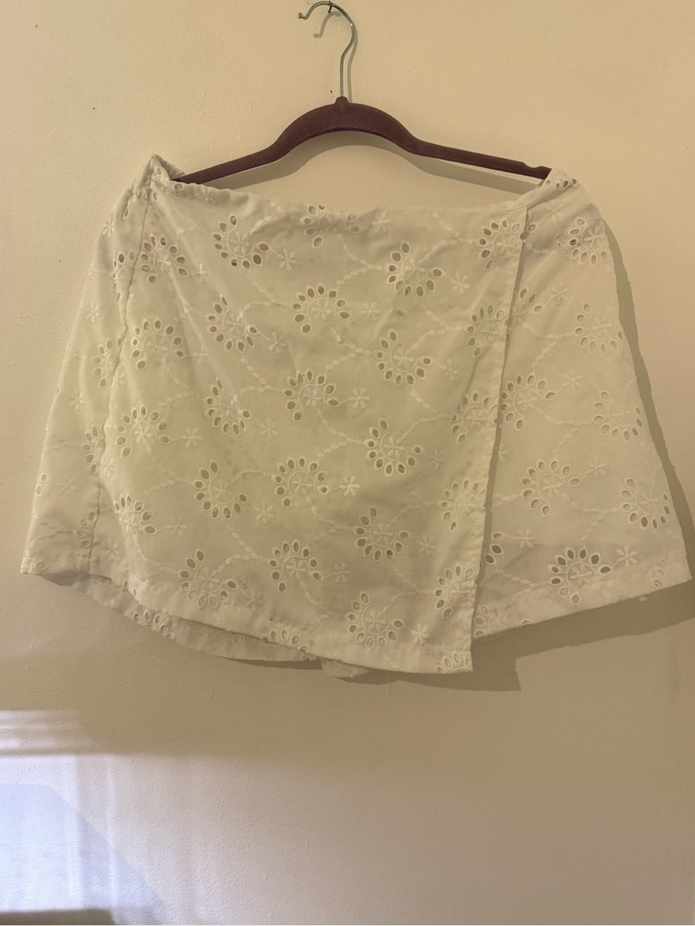 SHEIN White Eyelet Wrap Skirt with Floral Cutwork